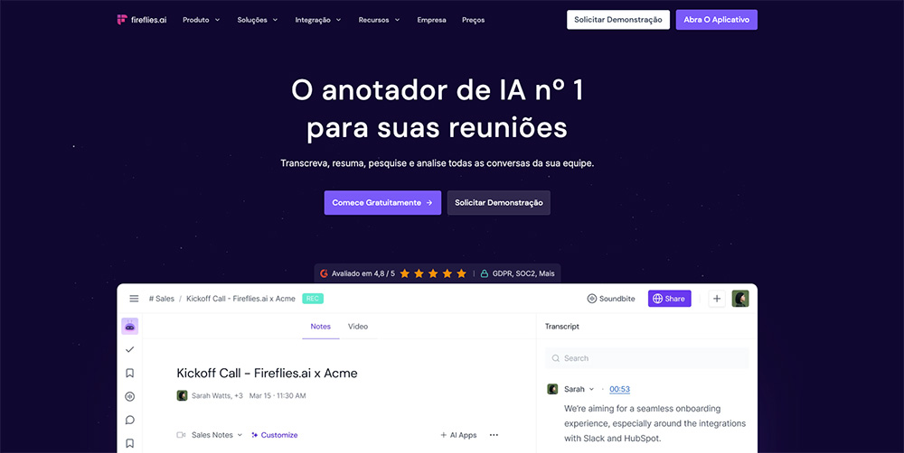 Ferramenta de IA especializada em gravar e gerar insights e relatórios de reuniões de forma automática e integrada as ferramentas de call do mercado