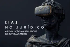 Imagem representativa sobre o poder da IA no Jurídico com o simbolo da justiça com um óculos de realidade aumentada.